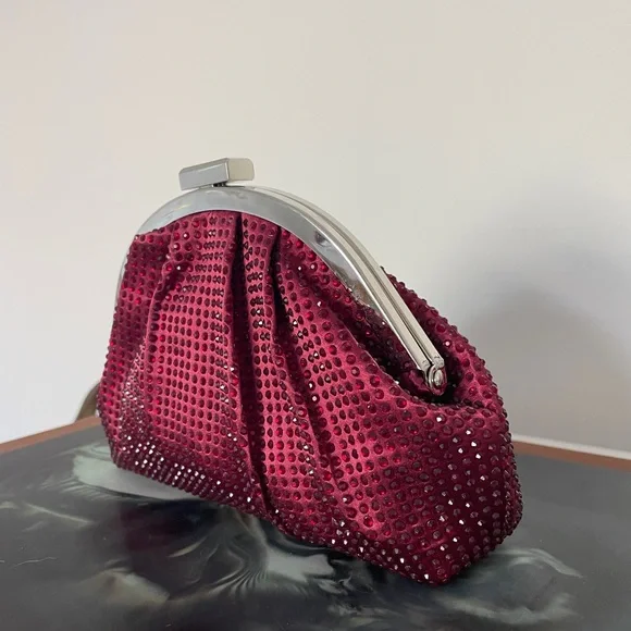 Burgundy rhinestone vintage clutch bag with silver hardware - Picture 4 of 5